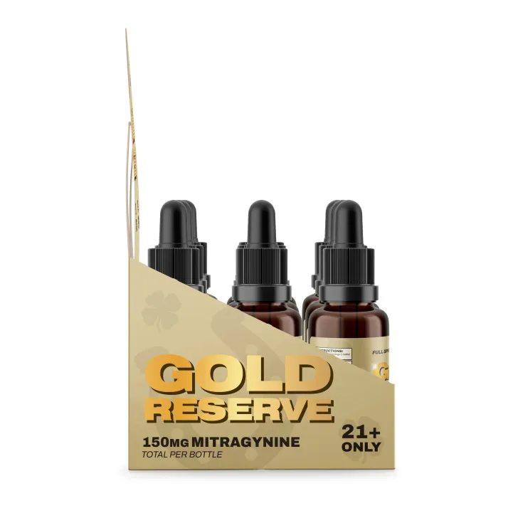 Gold Reserve three-bottle display for a dietary supplement labeled 150 mg Mitragynine, 21+ only, in gold packaging.