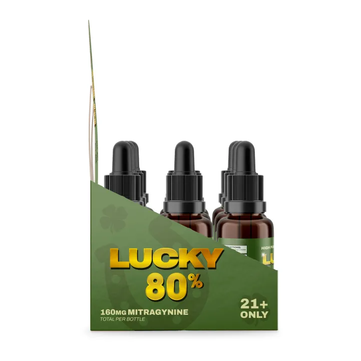 Green box display with three brown dropper bottles labeled 'LUCKY 80%', showing '160mg MITRAGYNINE' and '21+ ONLY'