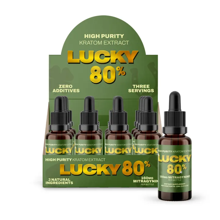 Display box and bottles for Lucky 80% kratom extract with labels 'High Purity Kratom Extract', 'Zero Additives', and 'Three Servings'.