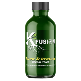 Green glass herbal tonic bottle with a black screw cap and a label featuring leaves and the word Fusion (Herbal Tonic).