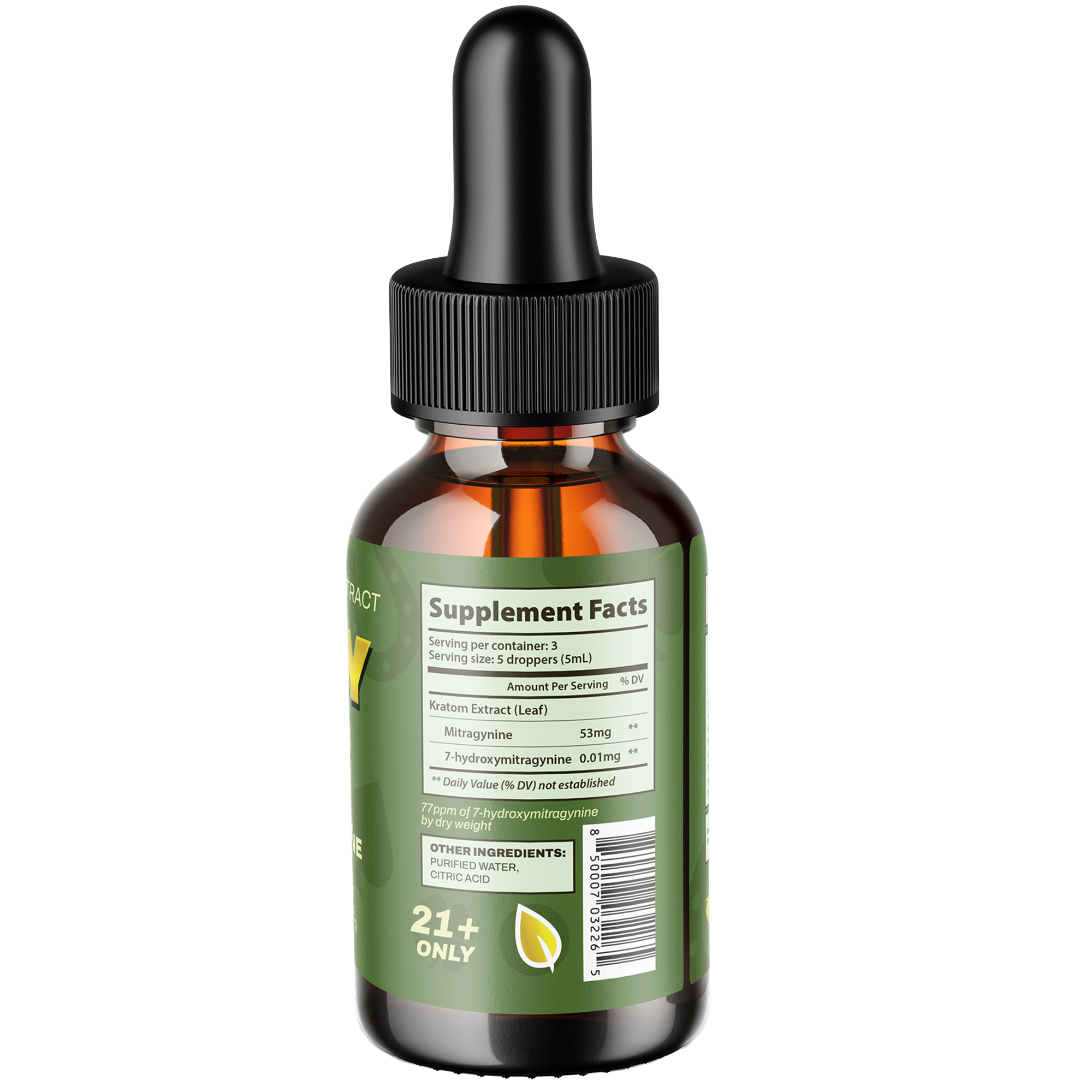 Close-up of a brown glass dropper bottle with a black ribbed cap and a supplement facts label visible on the green wrap.