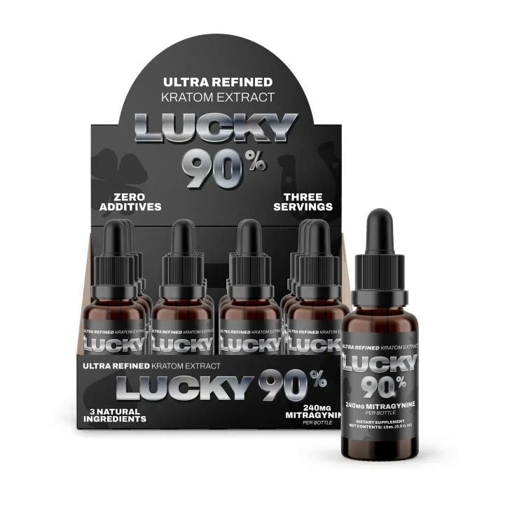 Six dropper bottles of Lucky 90% Kratom extract in a black display box with 'Zero Additives' and 'Three Servings' text.