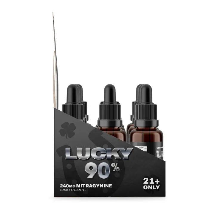 Black Lucky 90% packaging with three dropper bottles, for 21+; 240 mg mitragynine per bottle on the label.