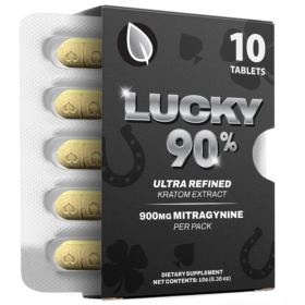 Box labeled 'Lucky' Ultra Refined Kratom Extract, 10 tablets per pack; 900 mg mitragynine per pack, dietary supplement box design.