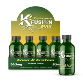 Boxed set of K Fusion Max herbal tonic bottles with five green bottles and a single bottle, labeled kava & kratom.