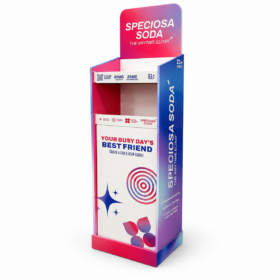 Promotional floor display for Speciosa Soda with pink-to-blue gradient, showing the 'SPECIOSA SODA' logo and product artwork.